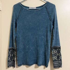 Able Womens Waffle Knit Thermal Medium Boho Bell Sleeves Embroidered Trim Artsy.